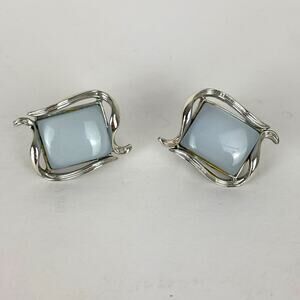 Vintage Signed Coro Clip-On Earrings silver blue rectangle